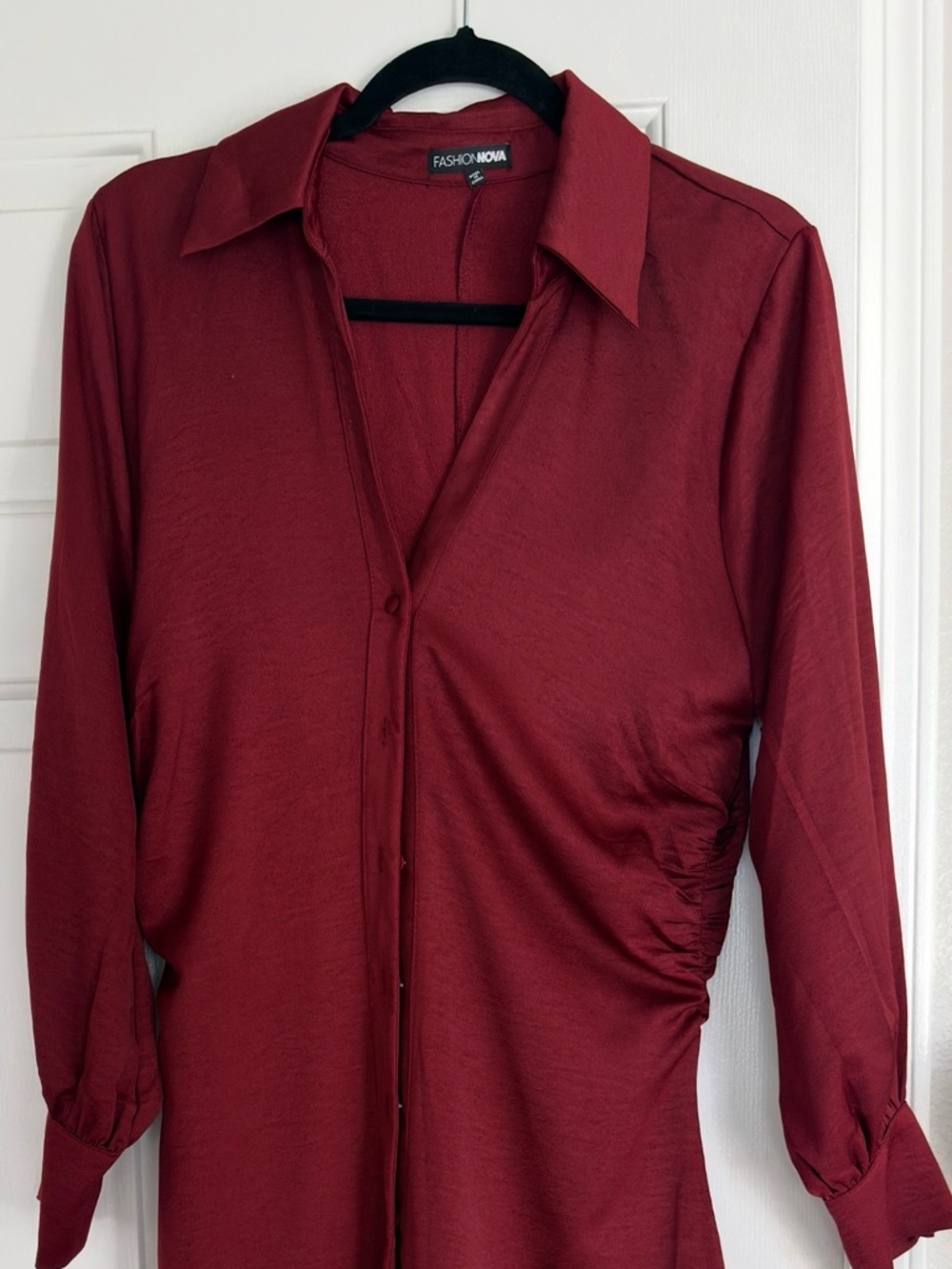 Fashion Nova Long Sleeve Button-Front Dress in Burgundy